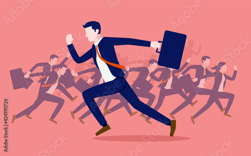 Go you own way in business - Businessman running in opposite direction than the flock. Taking a different approach concept. Vector illustration.