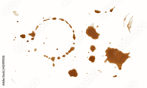 Round brown stain and coffee mark with splash droplets. Vector illustration, isolated, EPS 10. Top view, grunge, sloppy.