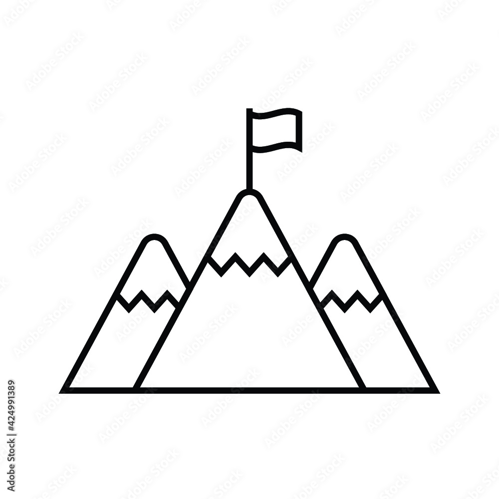 Mountain peak with flag line icon symbol, Business concept, Goal achievement successful, Linear style design vector illustration Mountain peak with flag line icon symbol, Business concept, Goal achievement successful, Linear style design vector illustration