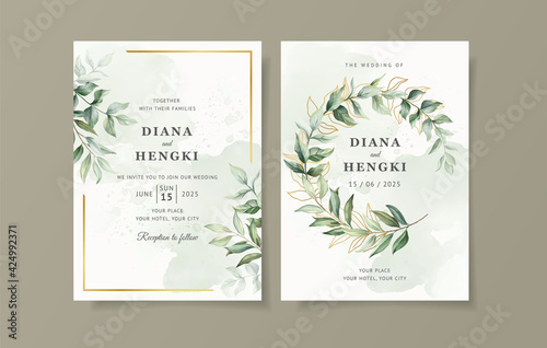 Green gold leaves wedding invitation card template