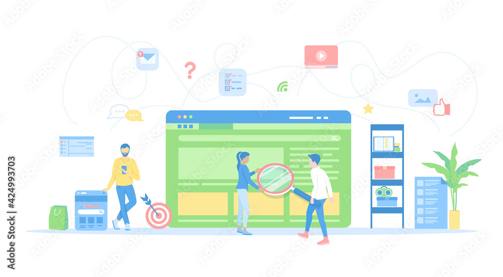 Web search technology, Search engine, SEO, Data finding. People hold a magnifying glass,looking information on the search page. Window interface. Conceptual flat vector illustration for web and design Web search technology, Search engine, SEO, Data finding. People hold a magnifying glass,looking information on the search page. Window interface. Conceptual flat vector illustration for web and design