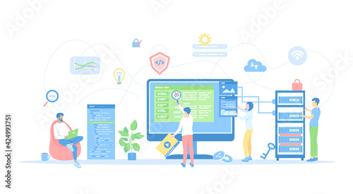 Web Development Programming Coding. Programmers team are working on a new website. Monitor, program code, server. Conceptual flat vector illustration for web and graphic design