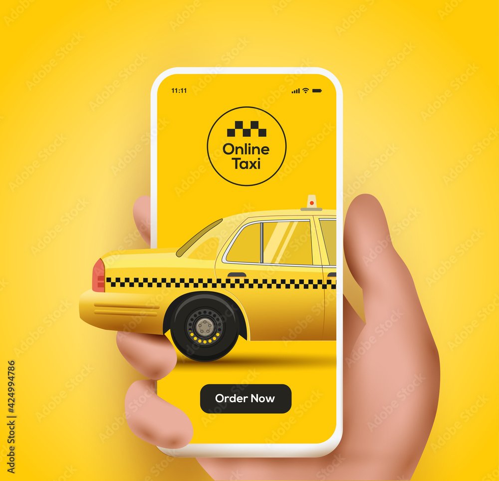 Taxi mobile application or ordering taxi online from smartphone concept illustration with trendy semi-realistic human hand holding smartphone with taxi car on the screen on yellow background. Vector - obrazy, fototapety, plakaty 
