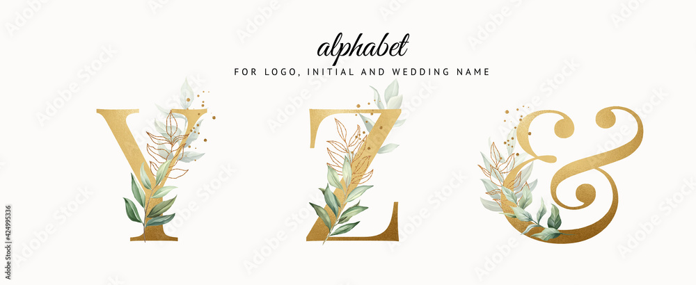 Watercolor gold alphabet set of y, z with green gold leaves . for logo, cards, branding, etc