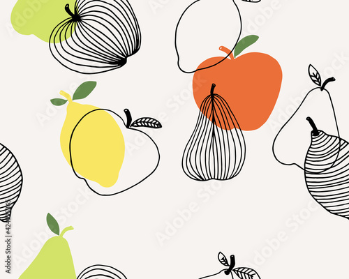 Fototapeta Naklejka Na Ścianę i Meble -  Seamless pattern with apple, pear and lemon on a light background. Fruits vector illustration.