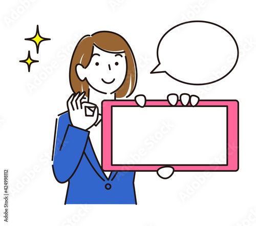                                                                                                                              Showing the screen of the smartphone. Women in suits. Smile girl. Simple illustration. Vector.