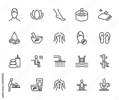 Vector set of spa line icons. Contains icons massage, cosmetology, sauna, beauty salon, swimming pool, jacuzzi and more. Pixel perfect.