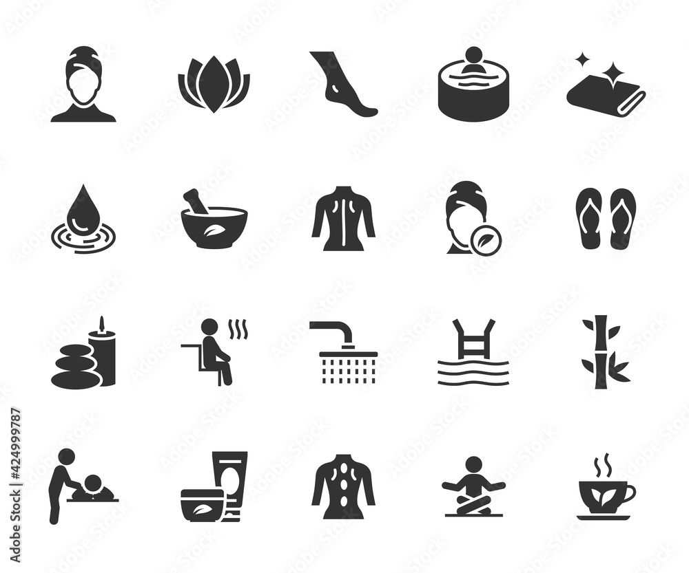 Vector set of spa flat icons. Contains icons massage, cosmetology, sauna, beauty salon, swimming pool, jacuzzi and more. Pixel perfect. Vector set of spa flat icons. Contains icons massage, cosmetology, sauna, beauty salon, swimming pool, jacuzzi and more. Pixel perfect.