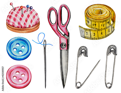 A set of sewing tools - scissors, pins on a pink pillow, thread with a needle, buttons, tape measure, pins. Illustration. Watercolor. Hand drawn. Closeup. 
