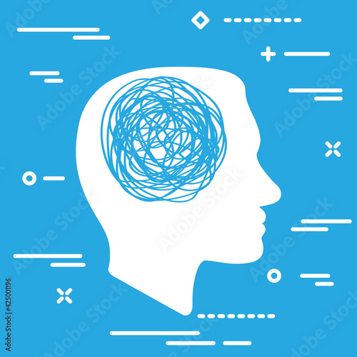 silhouette of man head with tangled line inside, like brain. concept of chaotic thought process, confusion, personality disorder and depression.
