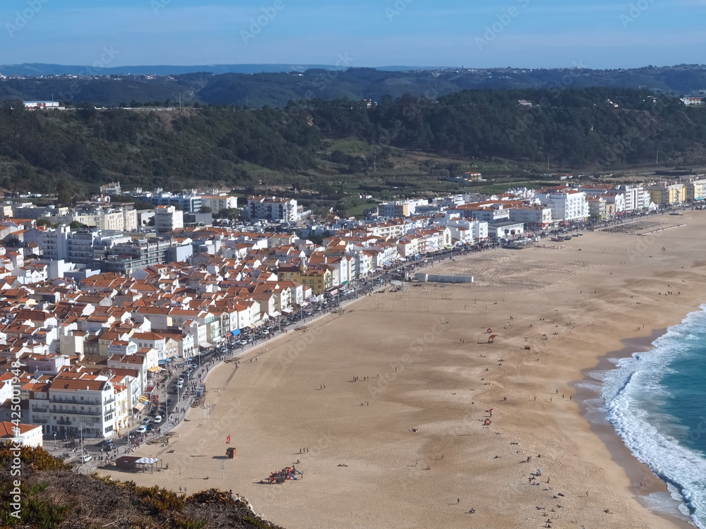 Aerial view of the long beach of Nazare in Portugal