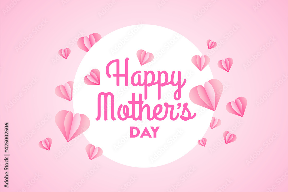 Paper elements in shape of heart flying on pink background. Vector symbols of love for Happy Mothers Day greeting card design..