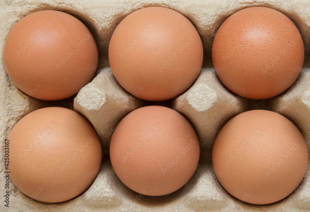 Six yellow chicken eggs in a tray close-up Six yellow chicken eggs in a tray close-up