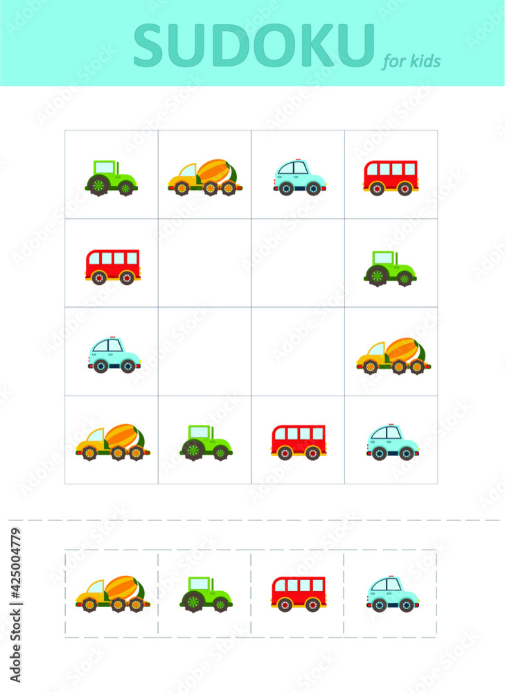 Sudoku for kids. Children's puzzles. Educational game for children. colored cars