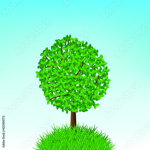 Realistic vector image of a tree on a hill
