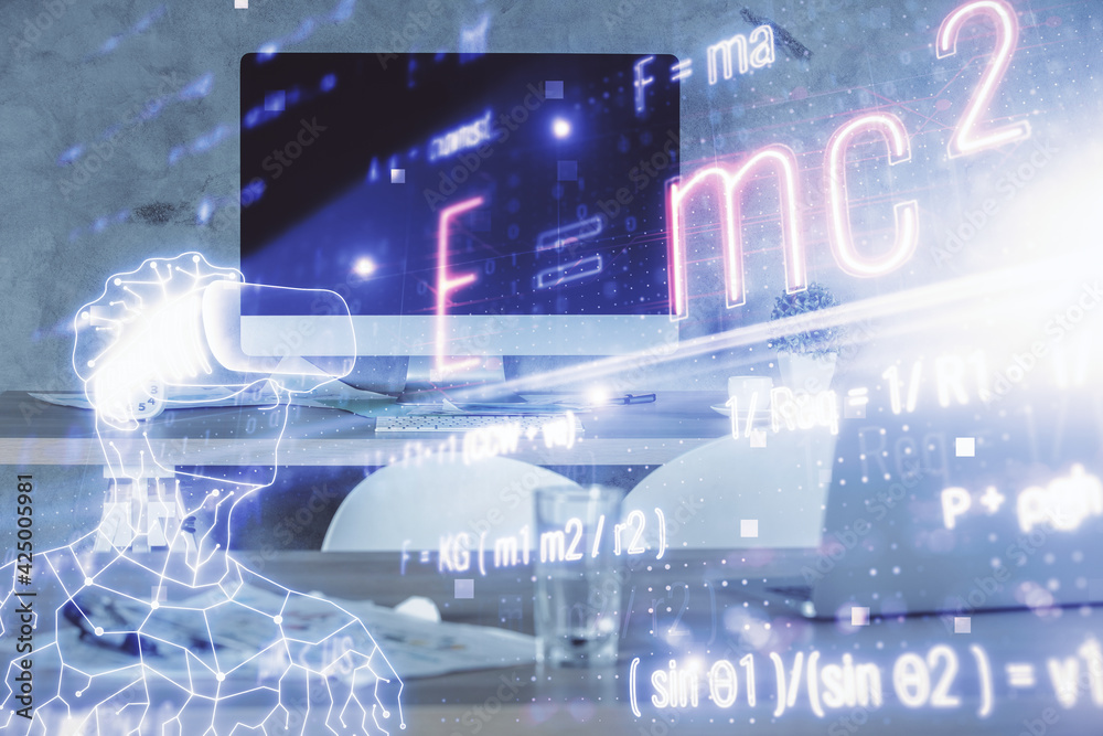 Double exposure of formulas drawing and office interior background. Concept of education. Double exposure of formulas drawing and office interior background. Concept of education.
