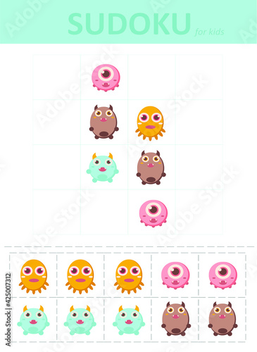 Sudoku for kids. Sudoku. Children's puzzles. Educational game for children. cute monsters