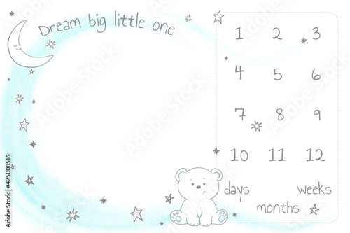 design for baby newborn blanket milestone, stars and moon and little bear. Dream big little one
