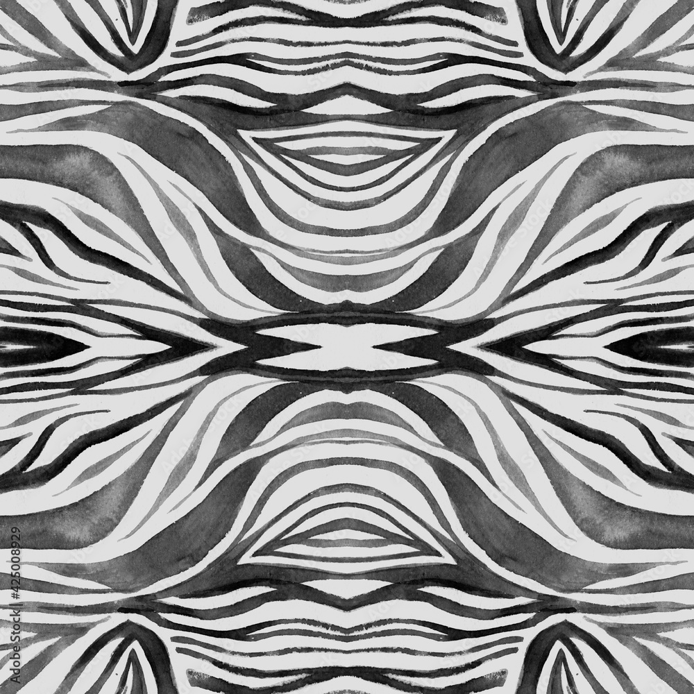 Seamless Zebra Texture. Watercolor African Print. Gray Abstract Zoo Wallpaper. Jungle Stripe Design. Zebra Pattern. Black Camouflage African Skin. Seamless Zebra Pattern. Fashion Zoo Wallpaper.