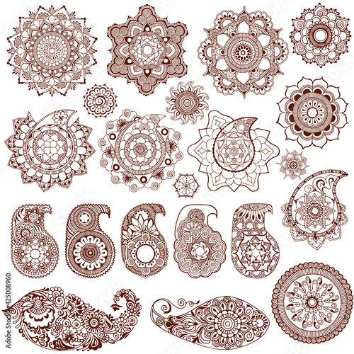 A set of patterns for design. Paisley and mandalas in Indian mehndi style. Many ornate elements on a white background.