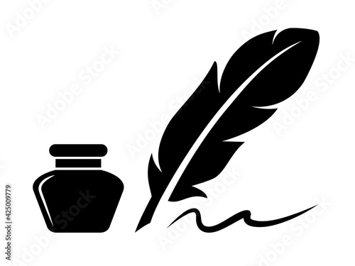 Ink pot and feather, vector icon