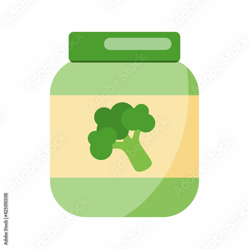 Baby puree with broccoli. Vector illustration with baby food.