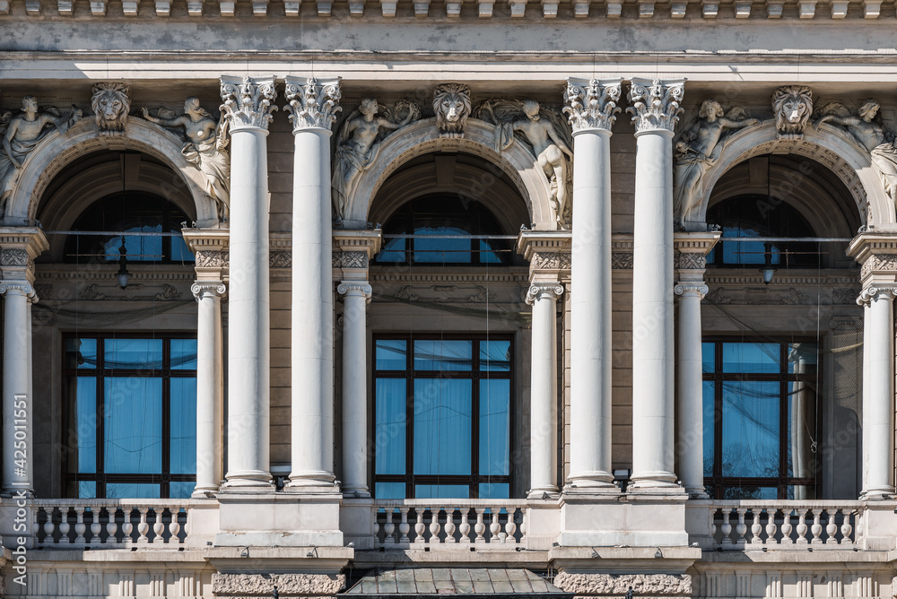 LVIV, UKRAINE - April, 2021: Lviv  Theatre of Opera and Ballet, Lviv opera house. Facade of the building: large windows and columns.