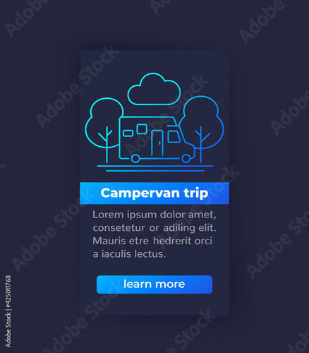 Campervan trip, travel in camper, banner with line icon