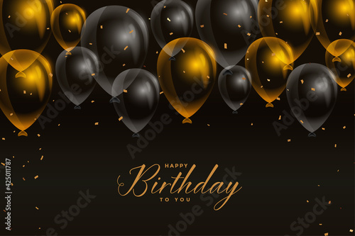 black and golden happy birthday balloons card design