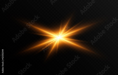 Vector golden light. Sun, sun rays, dawn, star, flare png. Golden Star. Golden flash png. Vector image.