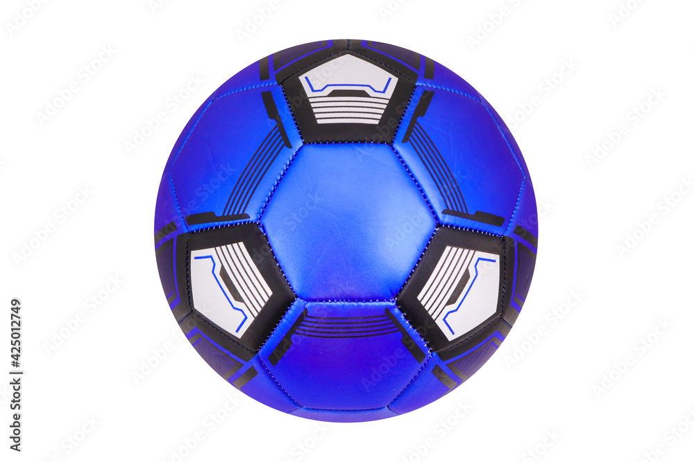 Naklejka premium Black and blue soccer ball with patterns, on a white background, isolated.