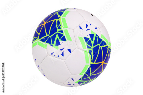 White soccer ball with blue-green print on white background, isolated