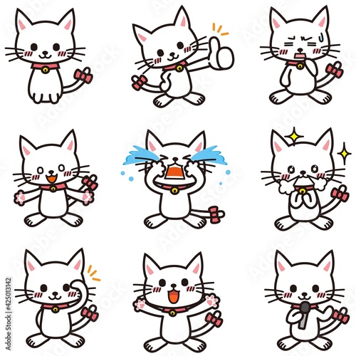 泣いたり笑ったり興奮したりしている白い猫のセット