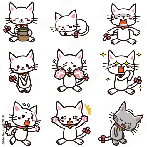 ときめいたりショックを受けたりモジモジしたりしている白い猫のセット