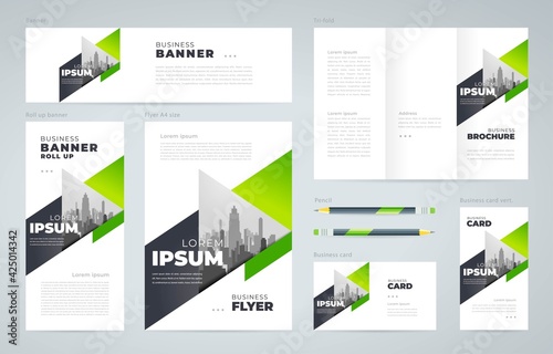 Triangle theme Set flyer cover, tri-fold, banner, roll up banner, business card orange color