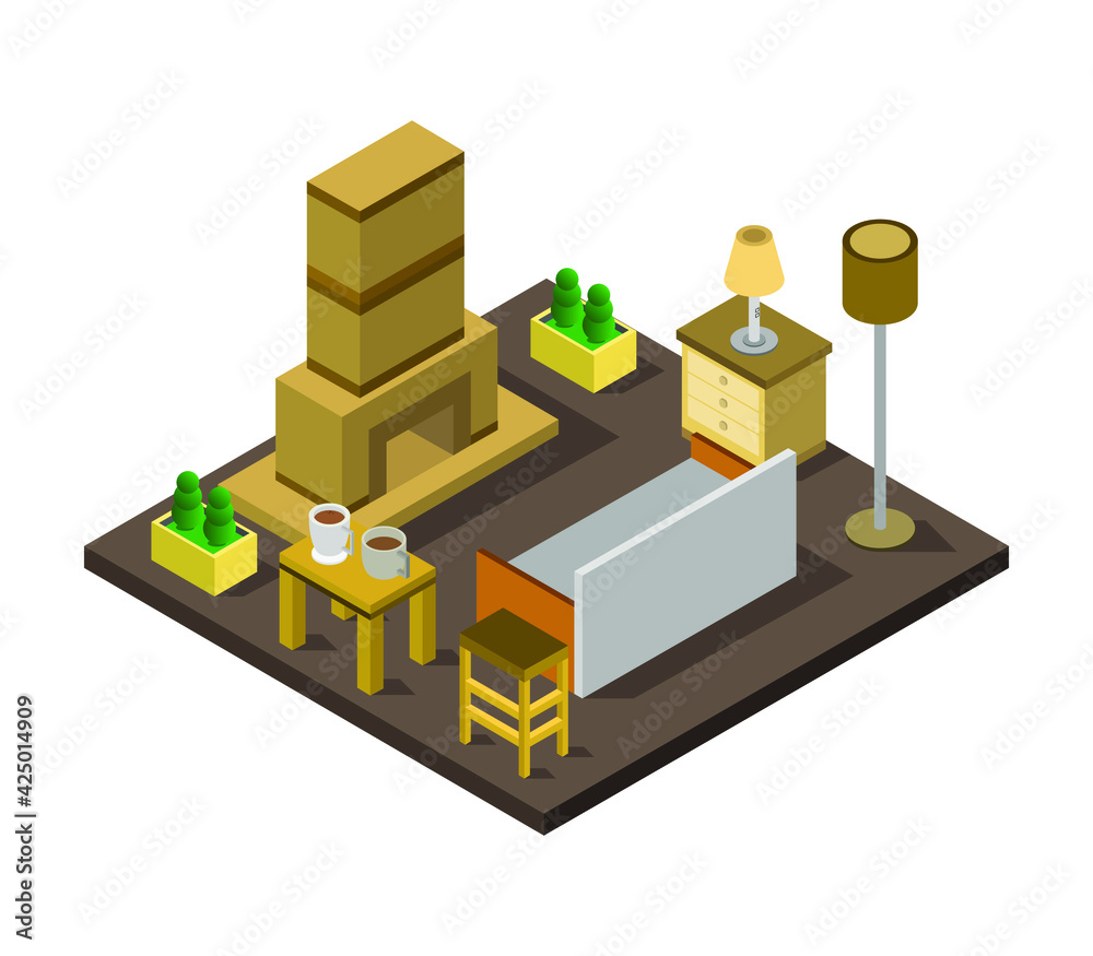 Isometric room with fireplace