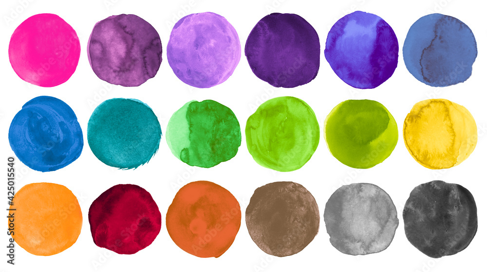 Colorful Watercolor Circles. Set of Creative Art Stains. Drawn Rounds Drawing. Bright Colorful Watercolor Circles. Ink Abstract Texture. Graphic Dots on Paper. Brush Watercolor Circles.