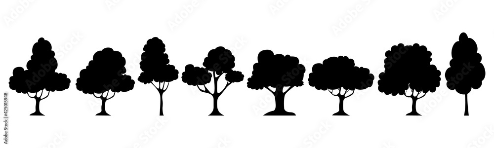 Tree simple silhouettes.Cartoon trees set . Cute plants, forest.Collection black trees. Tree big set isolated on white background.Minimal trees icons.Vector .Forest and park trees for nature design.