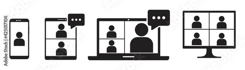 Online training icon on laptop screen, People on computer screen, smartphone , tabblet, online meeting workspace, internet talk, vector illustration Vector illustration