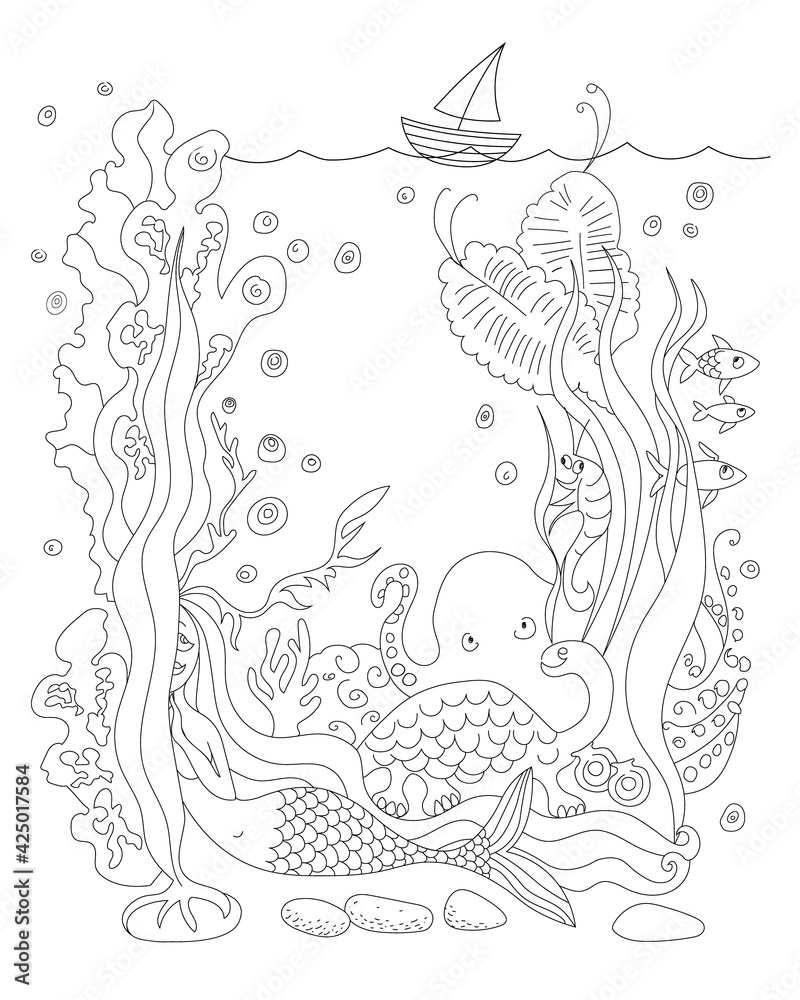 Sea mermaid and animals image background. Vector drawing illustration.