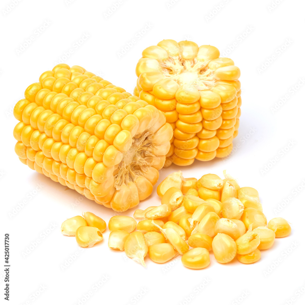 Pieces of Fresh organic corn cob and seeds isolated on white background