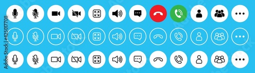 Video call icon set, Video conference buttons template for mobile phone online app, ui. online meeting workspace, internet talk, vector illustration