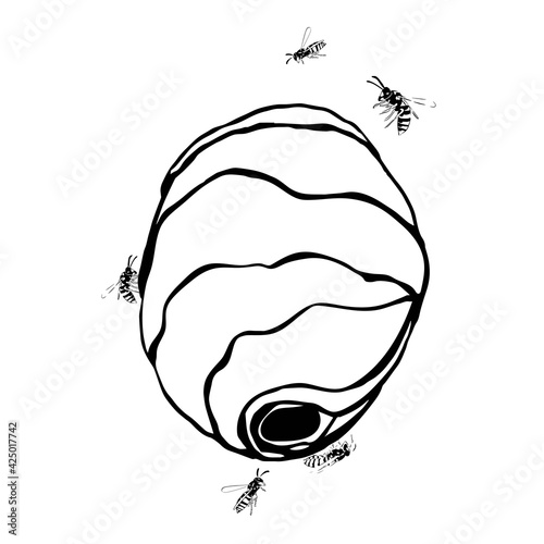 Vespiary with wasps illustration black isolated on white background
