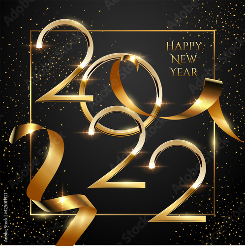 Happy new year greeting card vector template. Festive christmas social media banner design with congratulations. Golden 2022 number in frame with confetti realistic illustration with typography.