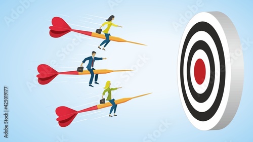 Competing to reach the goal. Conceptual business illustration with group of people trying to reach the goal. Dimension 16:9. Vector illustration. EPS10.