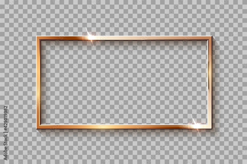 Golden rectangle frame for picture on transparent background. Blank