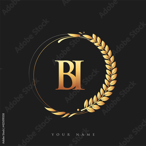 Initial logo letter BI with golden color with laurel and wreath, vector logo for business and company identity.