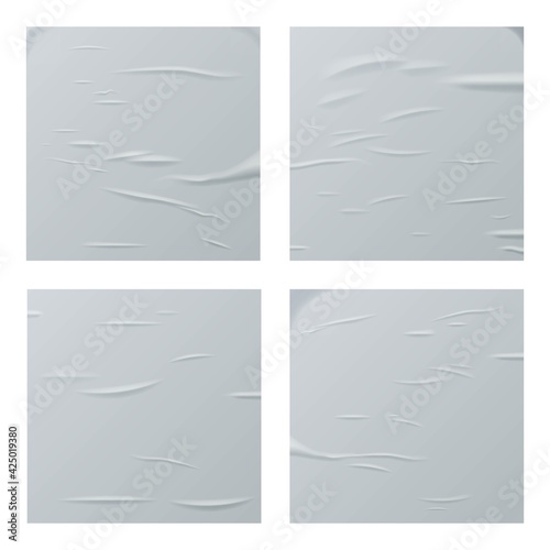 Glued white square paper sheets set. Vector isolated realistic crumpled posters bundle. Wet greased wrinkles blank template texture. Empty advertising column mockup for creative design