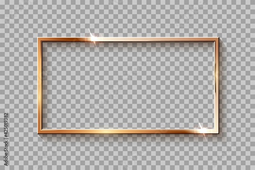 Golden rectangle frame for picture on transparent background. Blank space for picture, painting, card or photo. 3d realistic modern template vector illustration. Simple gold object mockup