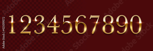 Golden numbers from zero to nine set on red background. Gold one, two, three, four, five, six, seven, eight, nine vector illustration. Colorful numerical signs design for date or anniversary
